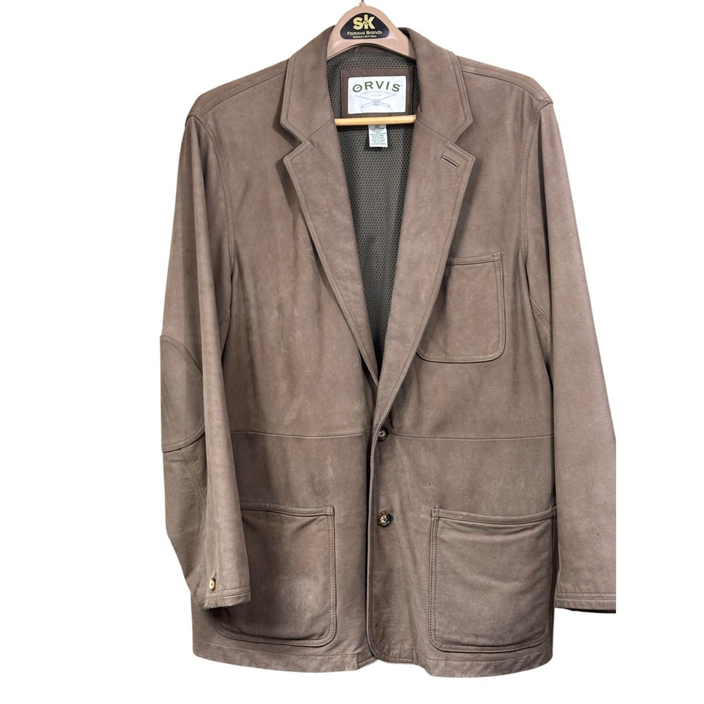 Orvis Mens Leather Field Coat Blazer Jacket Brown Size 44 Patch Pocket Heritage